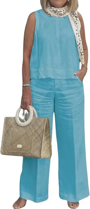 2 Piece Outfits for Women Summer Cotton Linen Sets Sleeveless Tank Tops and Wide Leg Pants Lounge Sets with Pockets