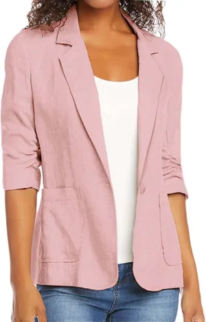 2024 Summer Linen Blazer Women 3/4 Ruched Sleeve Summer Lightweight Breathable Casual Work Office Jacket with Pocket