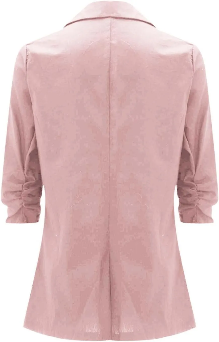 2024 Summer Linen Blazer Women 3/4 Ruched Sleeve Summer Lightweight Breathable Casual Work Office Jacket with Pocket
