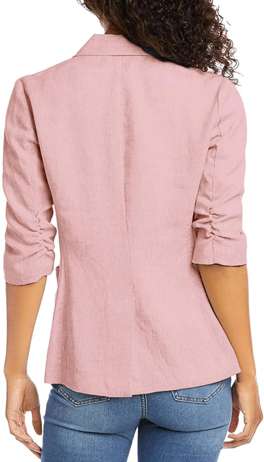 2024 Summer Linen Blazer Women 3/4 Ruched Sleeve Summer Lightweight Breathable Casual Work Office Jacket with Pocket