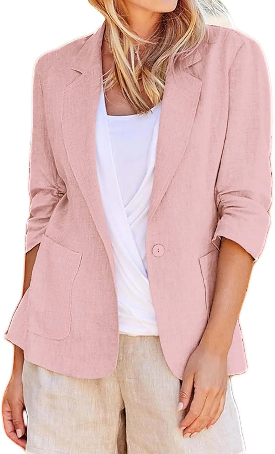 2024 Summer Linen Blazer Women 3/4 Ruched Sleeve Summer Lightweight Breathable Casual Work Office Jacket with Pocket
