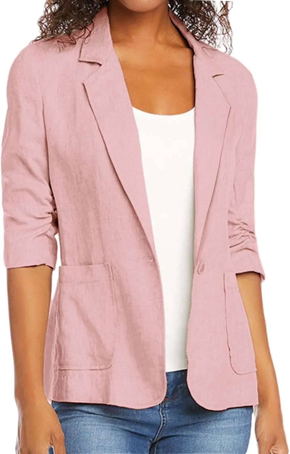 2024 Summer Linen Blazer Women 3/4 Ruched Sleeve Summer Lightweight Breathable Casual Work Office Jacket with Pocket