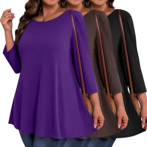3 Pack Women's Plus Size Tunic Tops, 3/4 Sleeve Loose Fit Tunics Comfy Casual Swing Tops Flare T-shirt for Leggings