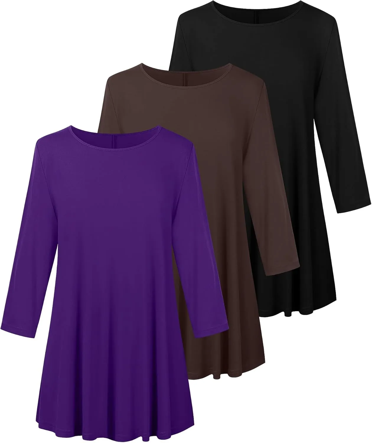 3 Pack Women's Plus Size Tunic Tops, 3/4 Sleeve Loose Fit Tunics Comfy Casual Swing Tops Flare T-shirt for Leggings