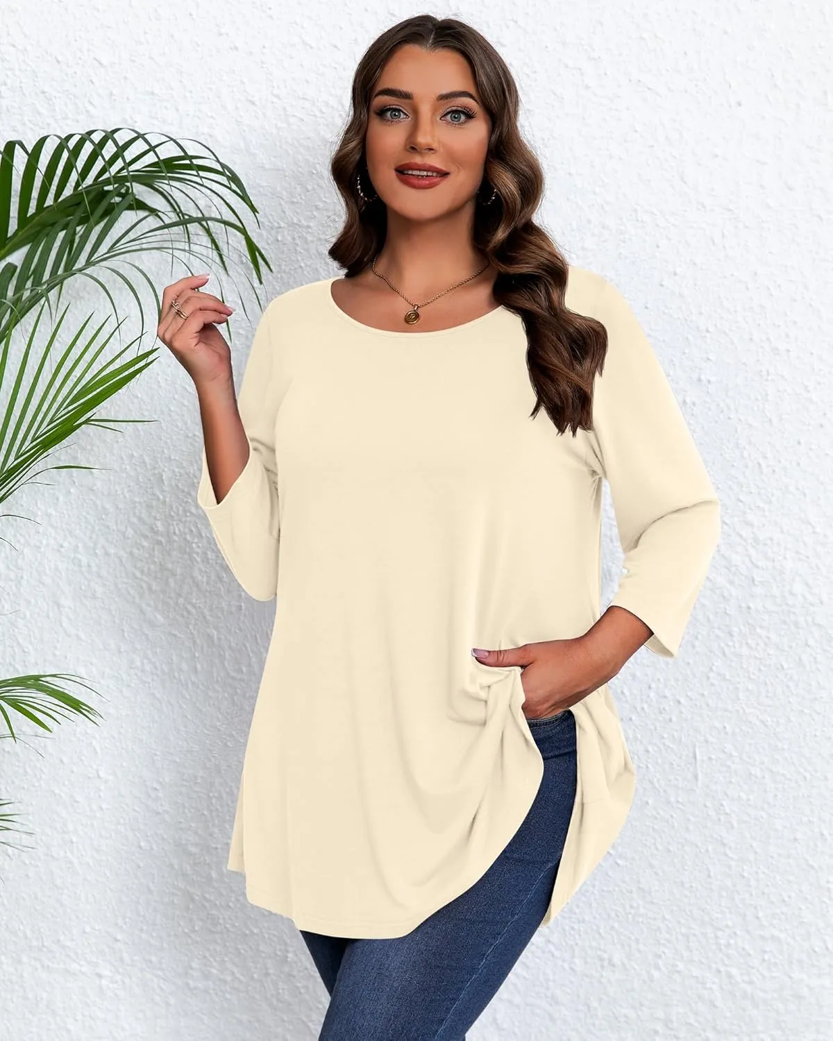 3 Pack Women's Plus Size Tunic Tops, 3/4 Sleeve Loose Fit Tunics Comfy Casual Swing Tops Flare T-shirt for Leggings