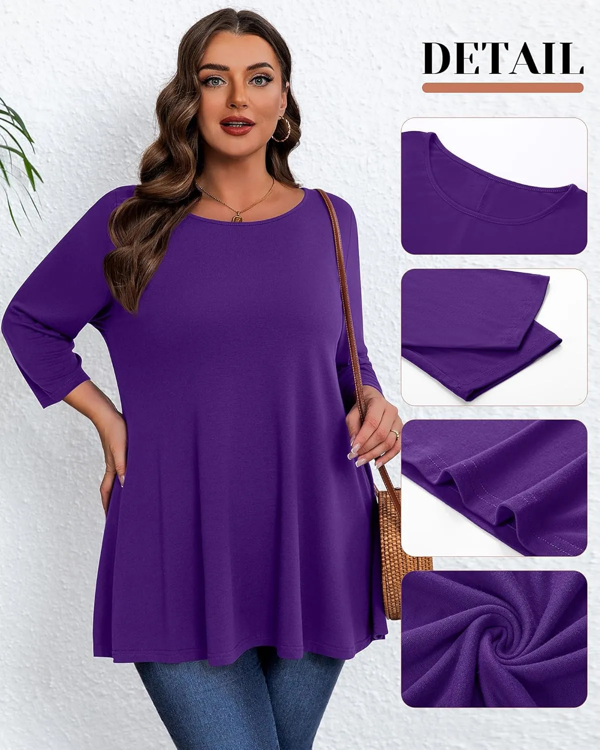 3 Pack Women's Plus Size Tunic Tops, 3/4 Sleeve Loose Fit Tunics Comfy Casual Swing Tops Flare T-shirt for Leggings