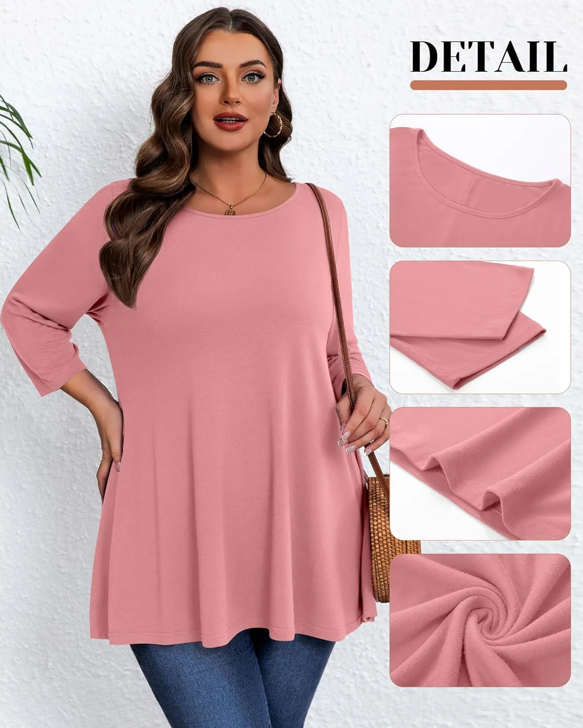 3 Pack Women's Plus Size Tunic Tops, 3/4 Sleeve Loose Fit Tunics Comfy Casual Swing Tops Flare T-shirt for Leggings
