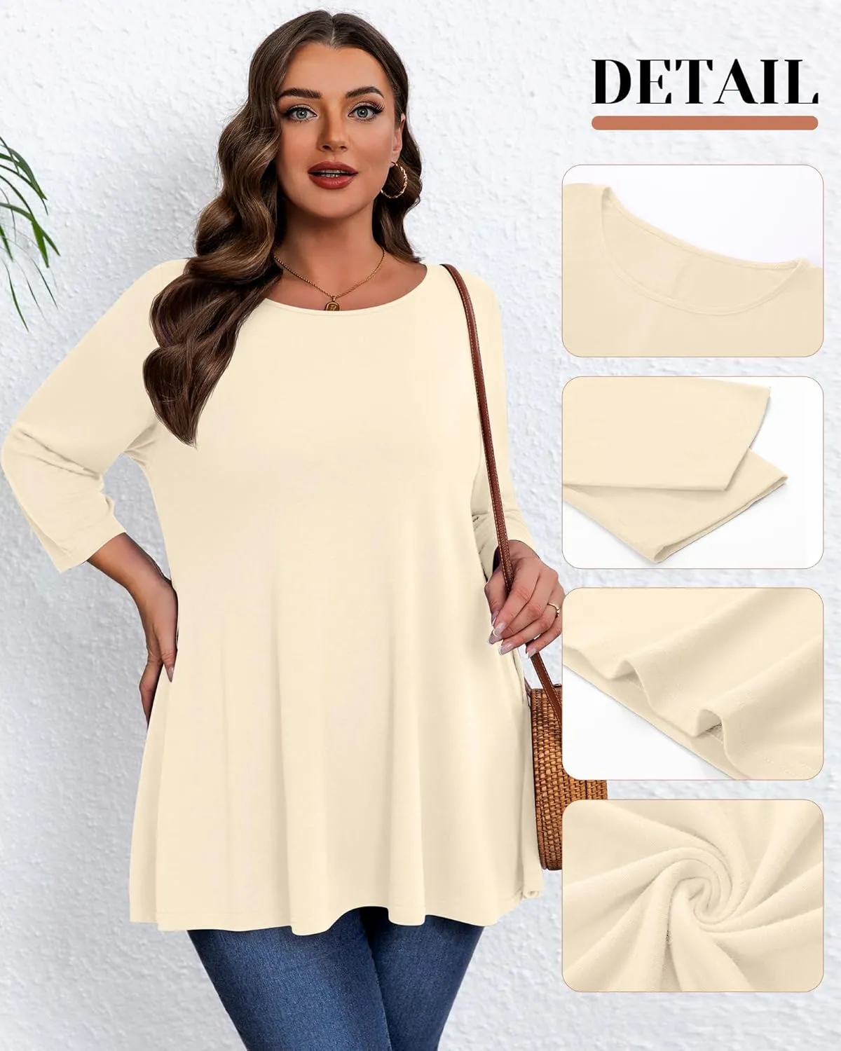 3 Pack Women's Plus Size Tunic Tops, 3/4 Sleeve Loose Fit Tunics Comfy Casual Swing Tops Flare T-shirt for Leggings