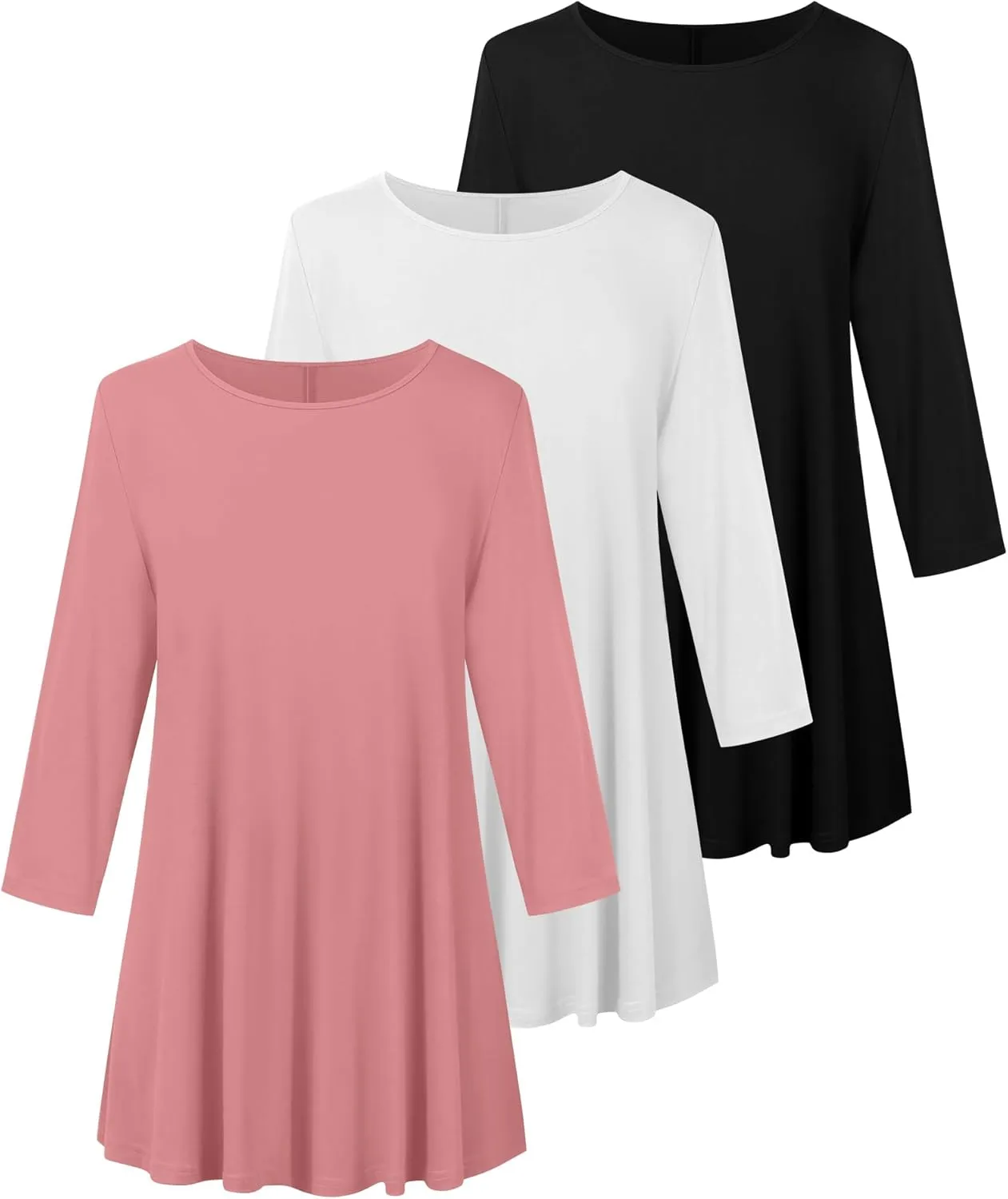 3 Pack Women's Plus Size Tunic Tops, 3/4 Sleeve Loose Fit Tunics Comfy Casual Swing Tops Flare T-shirt for Leggings