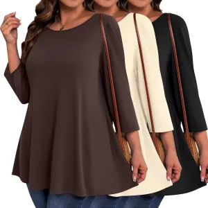 3 Pack Women's Plus Size Tunic Tops, 3/4 Sleeve Loose Fit Tunics Comfy Casual Swing Tops Flare T-shirt for Leggings