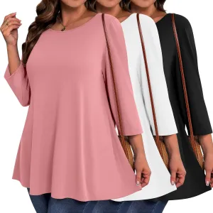 3 Pack Women's Plus Size Tunic Tops, 3/4 Sleeve Loose Fit Tunics Comfy Casual Swing Tops Flare T-shirt for Leggings