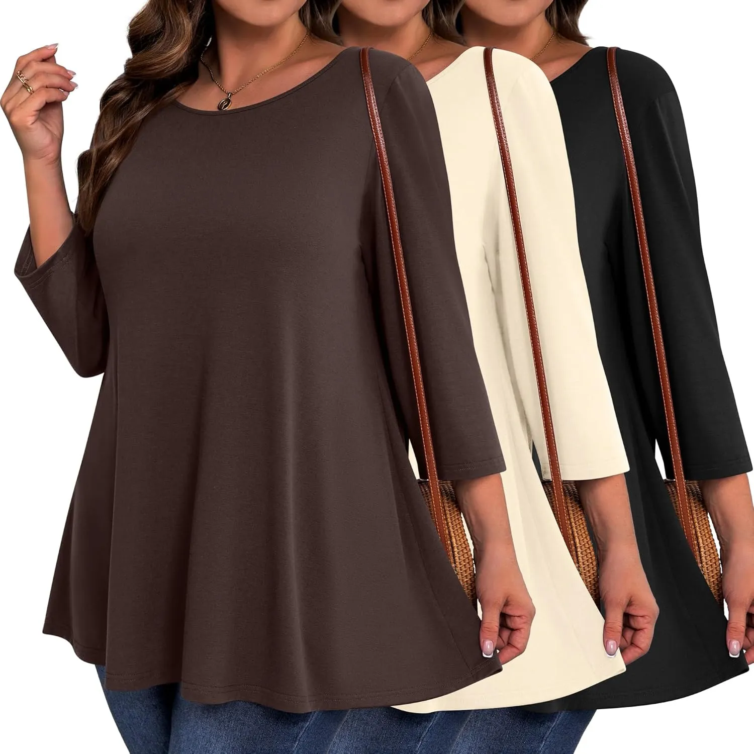 3 Pack Women's Plus Size Tunic Tops, 3/4 Sleeve Loose Fit Tunics Comfy Casual Swing Tops Flare T-shirt for Leggings