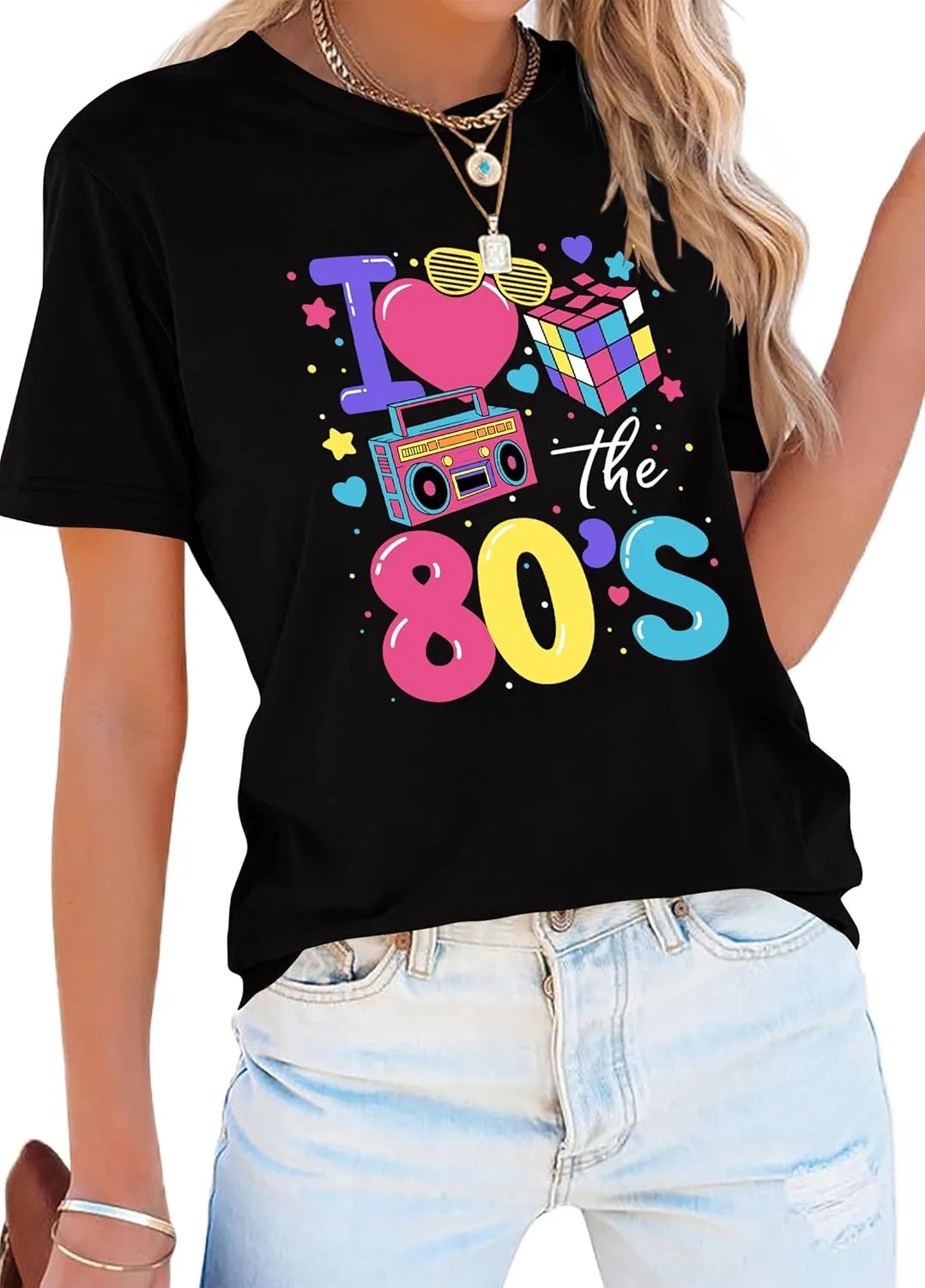 80's Shirts for Women 80s Neon Music Graphic T-Shirt Hip Hop 80S Party Outfits Girls I Love The 80's T-Shirt