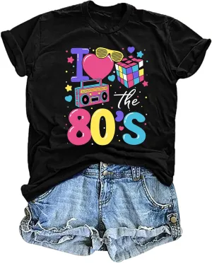 80's Shirts for Women 80s Neon Music Graphic T-Shirt Hip Hop 80S Party Outfits Girls I Love The 80's T-Shirt