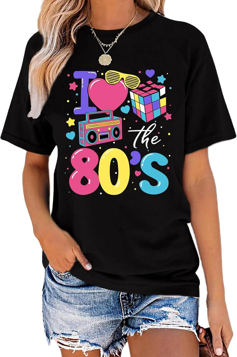 80's Shirts for Women 80s Neon Music Graphic T-Shirt Hip Hop 80S Party Outfits Girls I Love The 80's T-Shirt