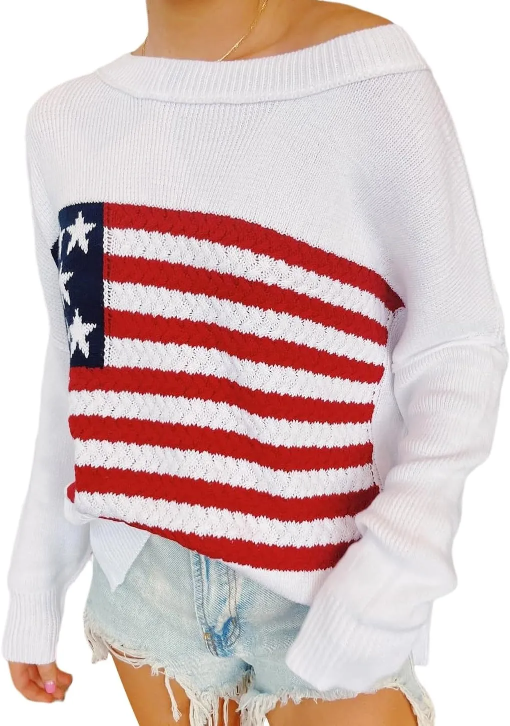 Adoeren Women American Flag Sweater Vintage Long Sleeve Crewneck Knitted Jumper Oversized Aesthetic Knit Pullover Top
