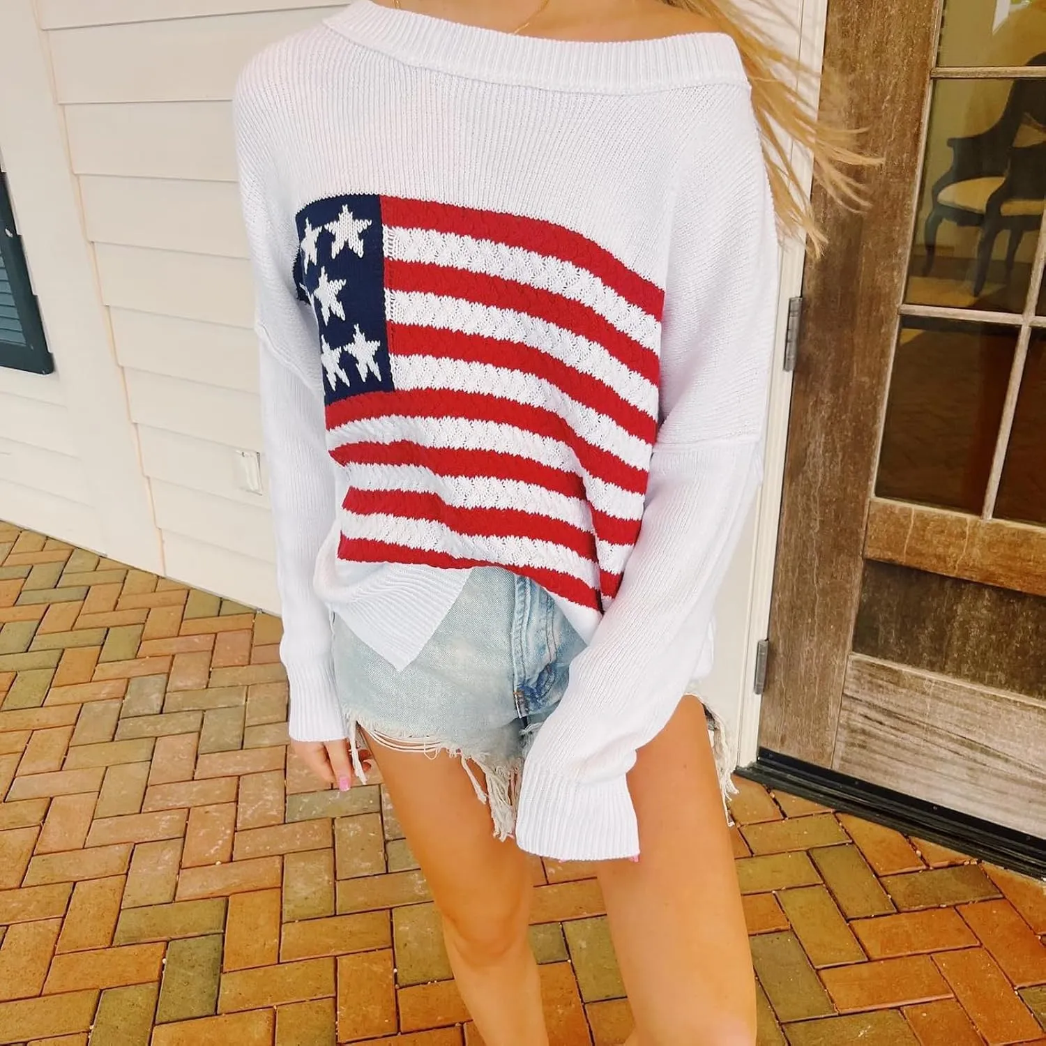 Adoeren Women American Flag Sweater Vintage Long Sleeve Crewneck Knitted Jumper Oversized Aesthetic Knit Pullover Top