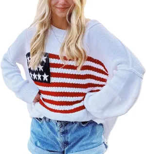 Adoeren Women American Flag Sweater Vintage Long Sleeve Crewneck Knitted Jumper Oversized Aesthetic Knit Pullover Top