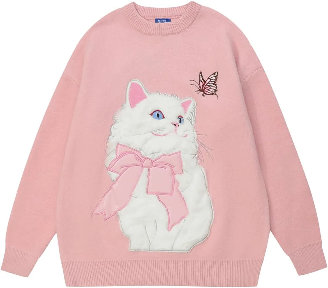 Aelfric Eden Crewneck Sweater Cat Applique Embroidery Sweater Vintage Oversized Sweater