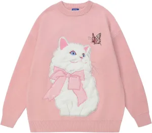 Aelfric Eden Crewneck Sweater Cat Applique Embroidery Sweater Vintage Oversized Sweater