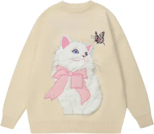 Aelfric Eden Crewneck Sweater Cat Applique Embroidery Sweater Vintage Oversized Sweater