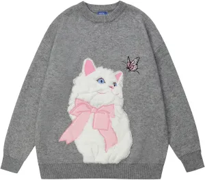 Aelfric Eden Crewneck Sweater Cat Applique Embroidery Sweater Vintage Oversized Sweater
