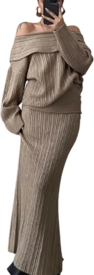 Aesthetic Two Piece Sets Knit Sweater Off The Shoulder Sweater Long Sleeve Sweater Knit Skirt Midi Skirt Maxi Dress