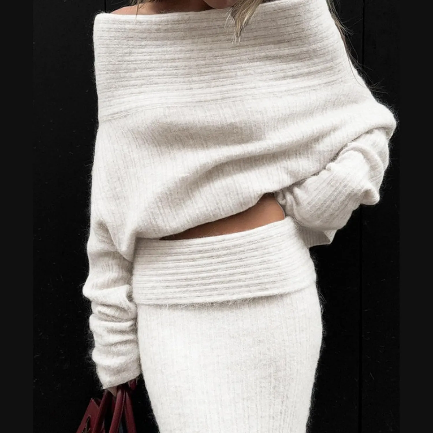 Aesthetic Two Piece Sets Knit Sweater Off The Shoulder Sweater Long Sleeve Sweater Knit Skirt Midi Skirt Maxi Dress