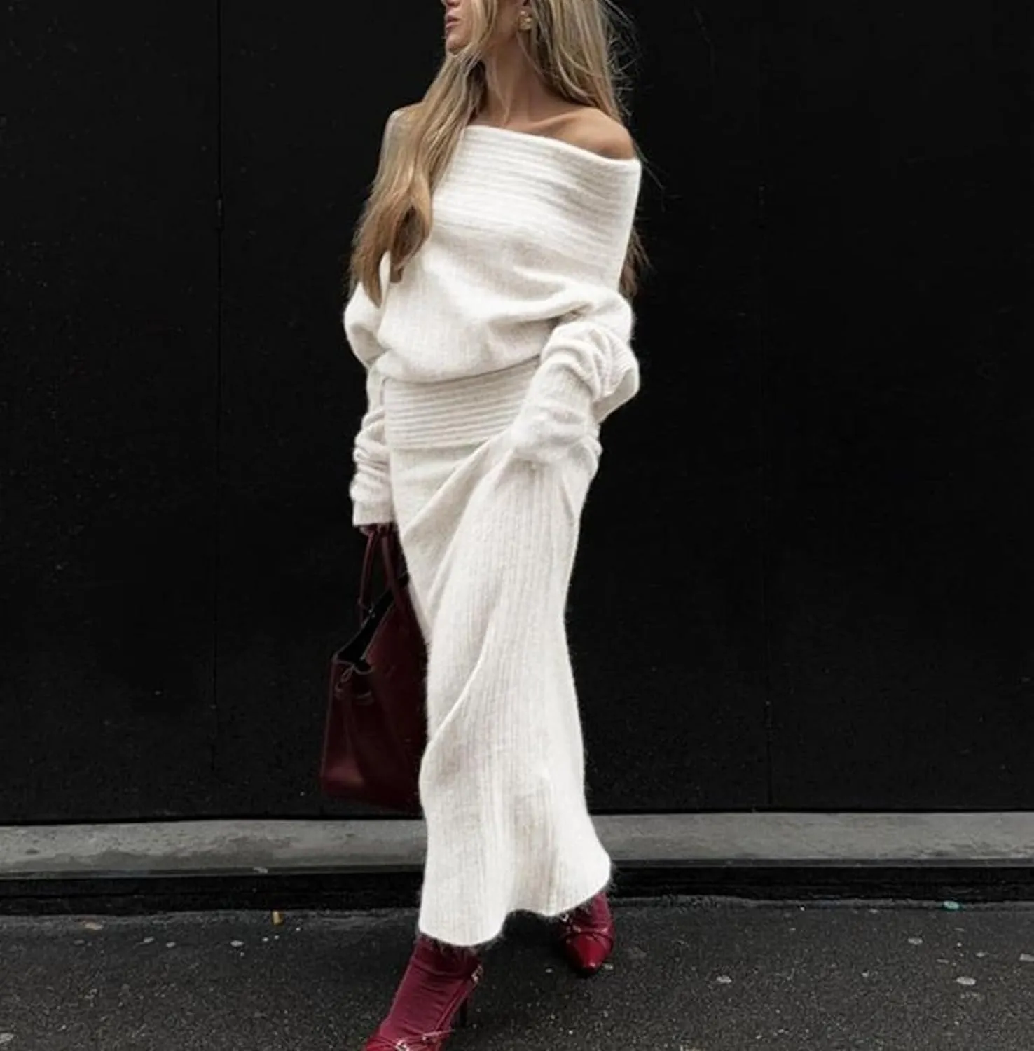 Aesthetic Two Piece Sets Knit Sweater Off The Shoulder Sweater Long Sleeve Sweater Knit Skirt Midi Skirt Maxi Dress