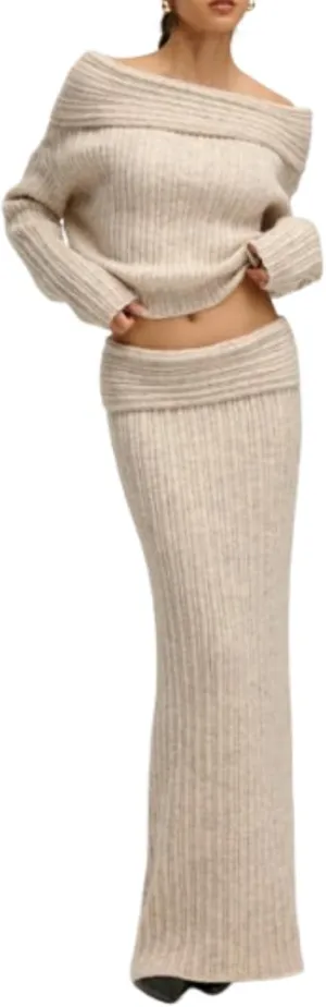 Aesthetic Two Piece Sets Knit Sweater Off The Shoulder Sweater Long Sleeve Sweater Knit Skirt Midi Skirt Maxi Dress