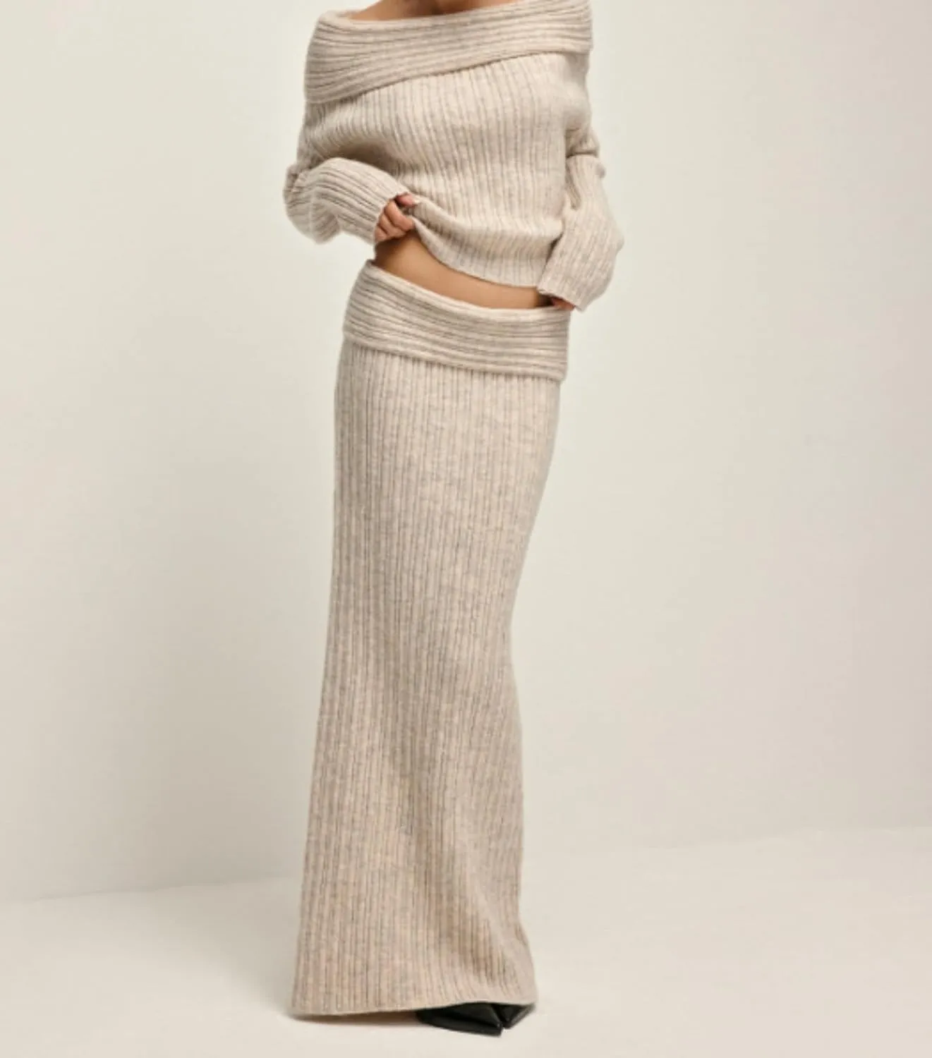 Aesthetic Two Piece Sets Knit Sweater Off The Shoulder Sweater Long Sleeve Sweater Knit Skirt Midi Skirt Maxi Dress