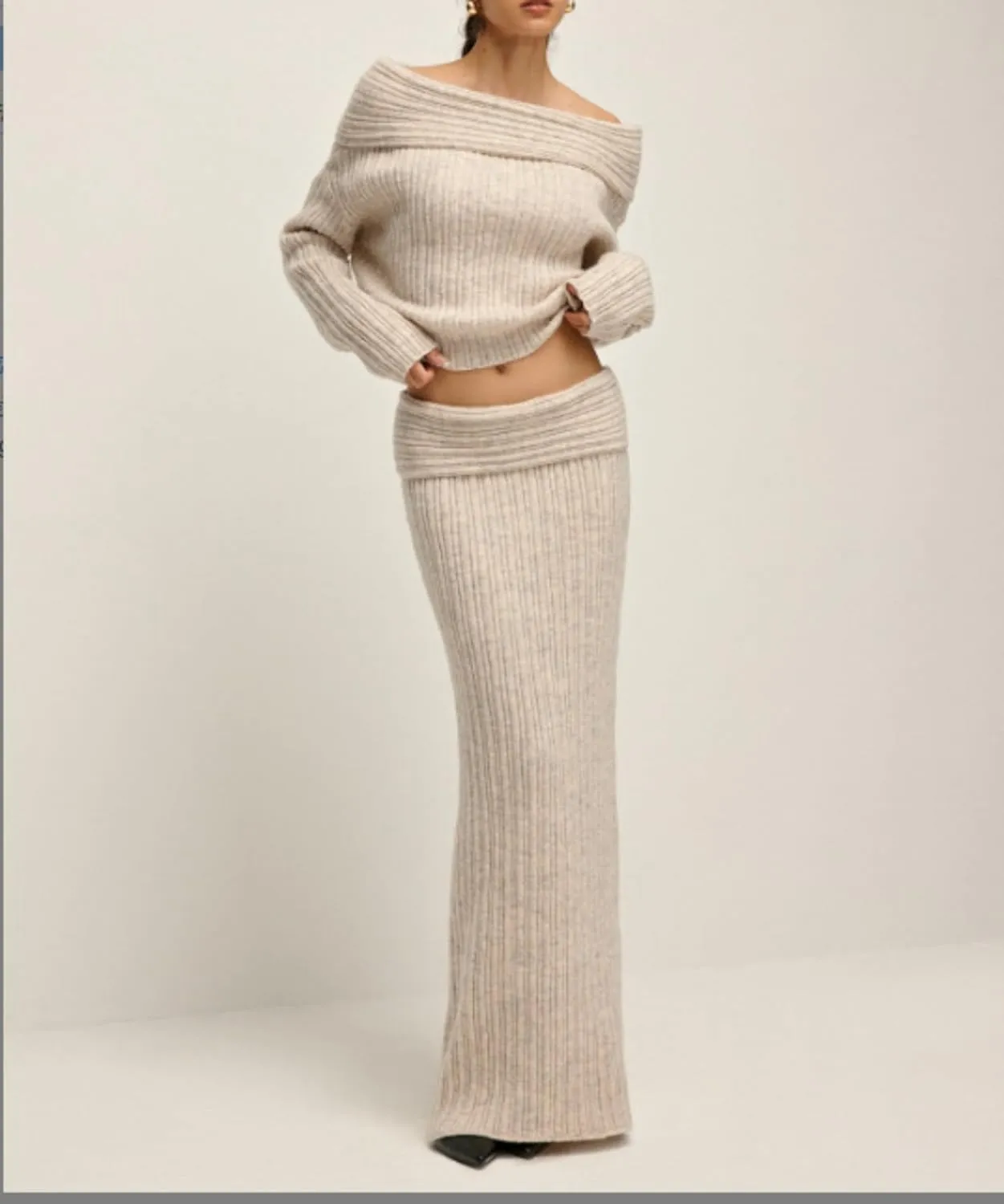 Aesthetic Two Piece Sets Knit Sweater Off The Shoulder Sweater Long Sleeve Sweater Knit Skirt Midi Skirt Maxi Dress