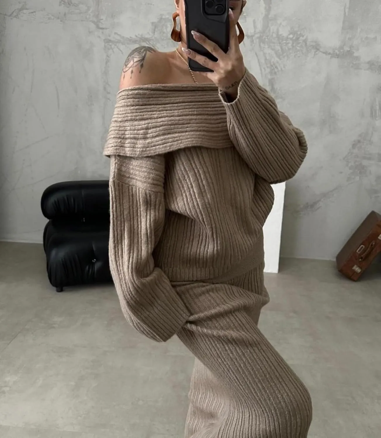 Aesthetic Two Piece Sets Knit Sweater Off The Shoulder Sweater Long Sleeve Sweater Knit Skirt Midi Skirt Maxi Dress