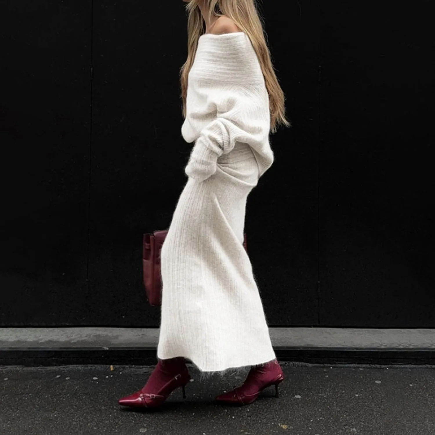 Aesthetic Two Piece Sets Knit Sweater Off The Shoulder Sweater Long Sleeve Sweater Knit Skirt Midi Skirt Maxi Dress