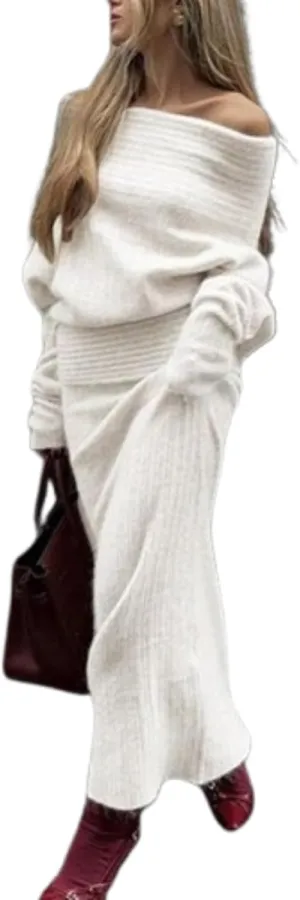 Aesthetic Two Piece Sets Knit Sweater Off The Shoulder Sweater Long Sleeve Sweater Knit Skirt Midi Skirt Maxi Dress
