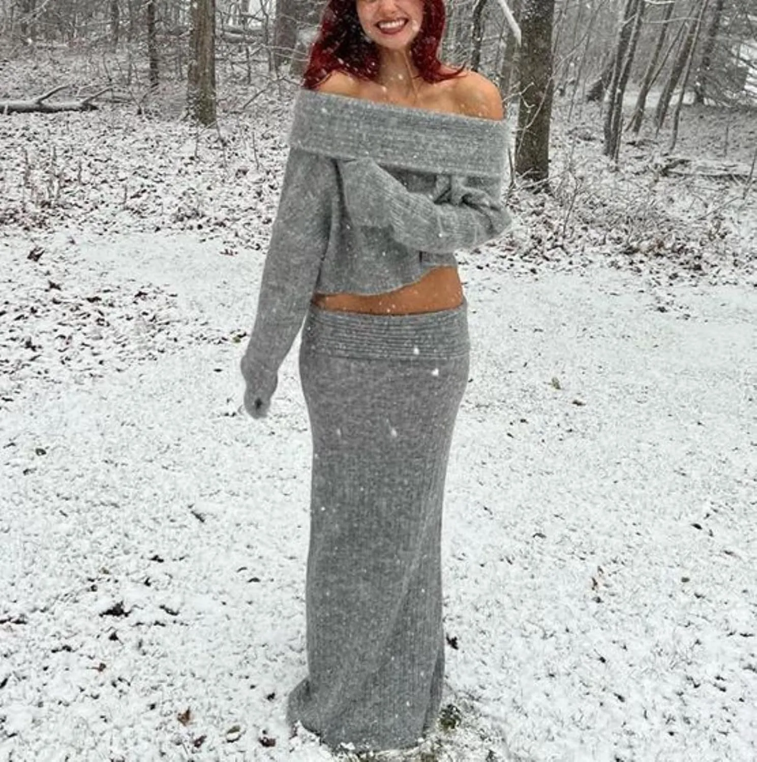 Aesthetic Two Piece Sets Knit Sweater Off The Shoulder Sweater Long Sleeve Sweater Knit Skirt Midi Skirt Maxi Dress