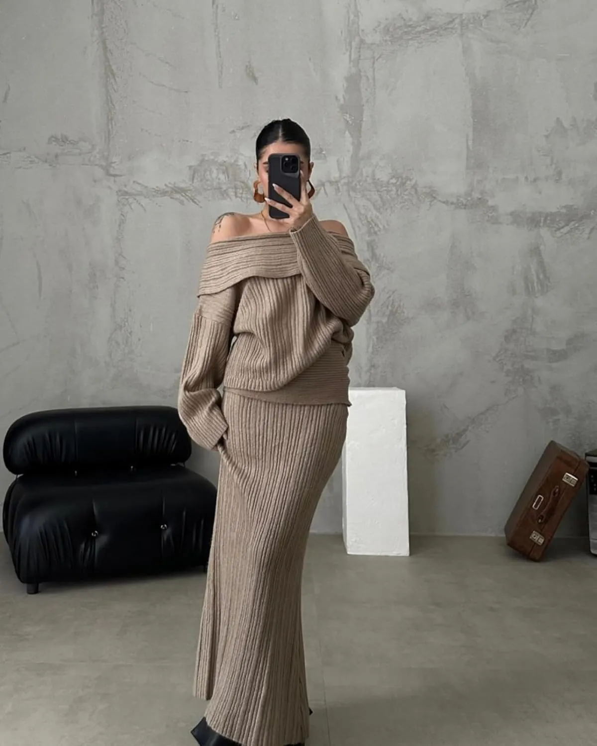 Aesthetic Two Piece Sets Knit Sweater Off The Shoulder Sweater Long Sleeve Sweater Knit Skirt Midi Skirt Maxi Dress