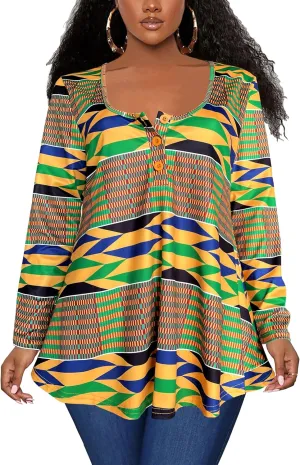 Afibi Women's Long Sleeve Henley T Shirts Button Down Loose Fit Tops Scoop Neck African Dashiki Shirts