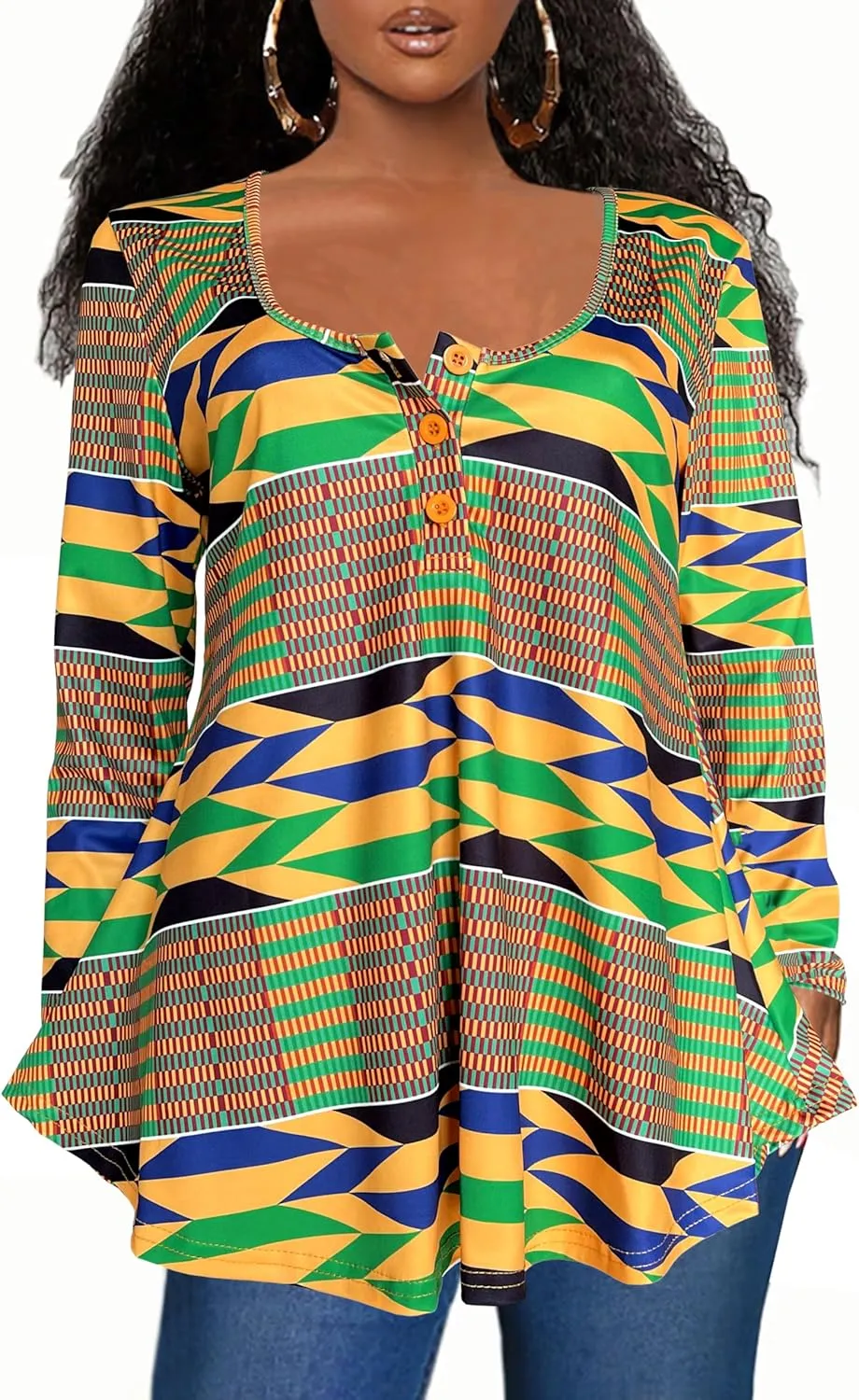 Afibi Women's Long Sleeve Henley T Shirts Button Down Loose Fit Tops Scoop Neck African Dashiki Shirts