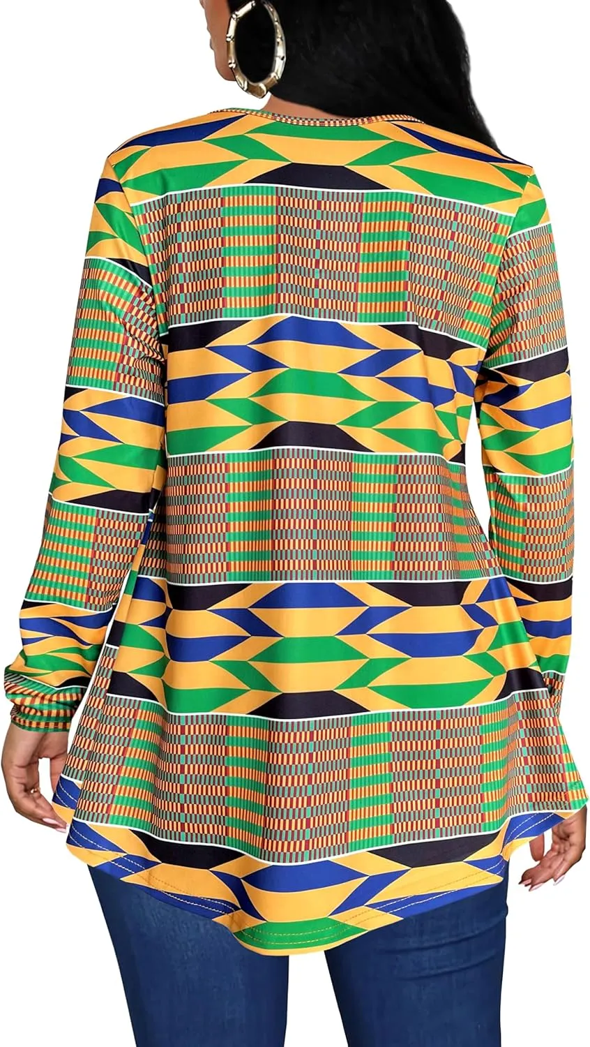 Afibi Women's Long Sleeve Henley T Shirts Button Down Loose Fit Tops Scoop Neck African Dashiki Shirts