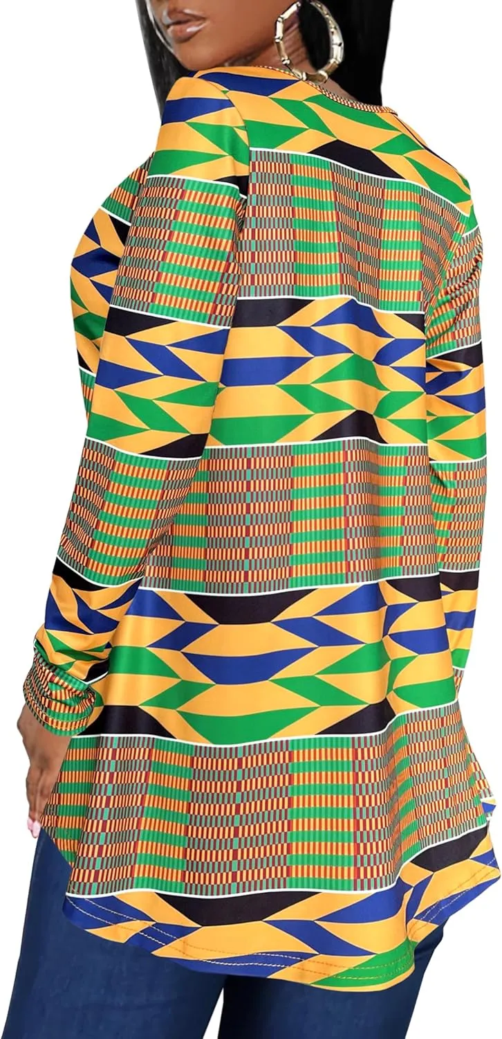 Afibi Women's Long Sleeve Henley T Shirts Button Down Loose Fit Tops Scoop Neck African Dashiki Shirts