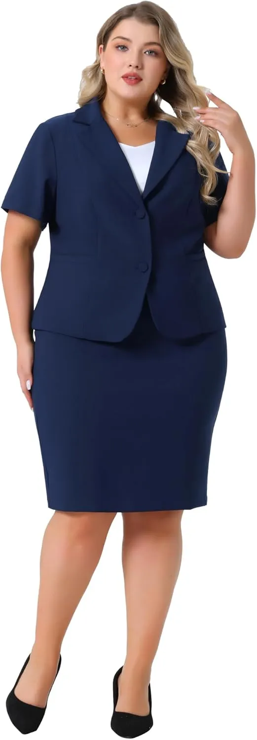 Agnes Orinda Plus Size Women Blazer Suits Notch Lapel Short Sleeve Office Pencil Skirt Business Skirt Set