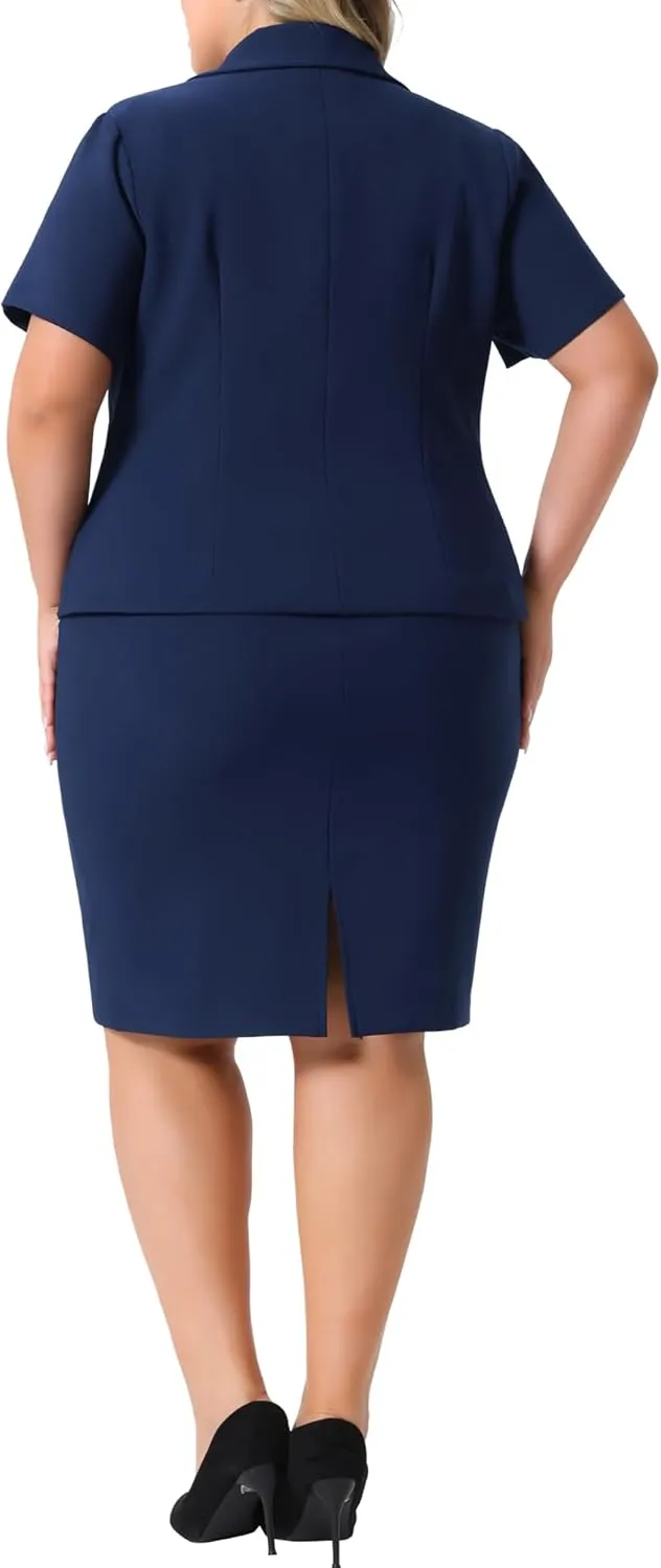 Agnes Orinda Plus Size Women Blazer Suits Notch Lapel Short Sleeve Office Pencil Skirt Business Skirt Set