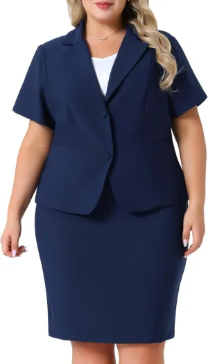 Agnes Orinda Plus Size Women Blazer Suits Notch Lapel Short Sleeve Office Pencil Skirt Business Skirt Set