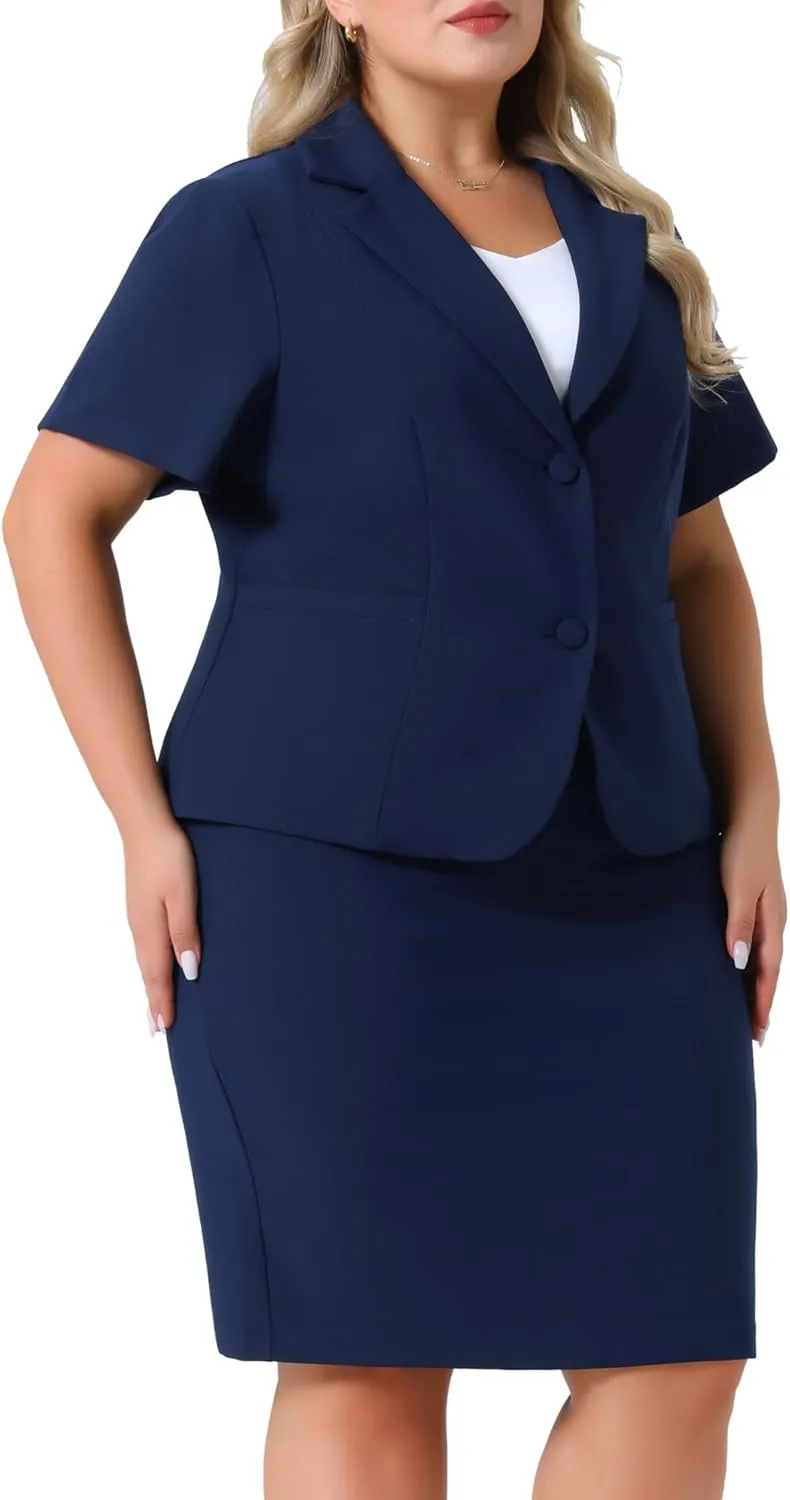 Agnes Orinda Plus Size Women Blazer Suits Notch Lapel Short Sleeve Office Pencil Skirt Business Skirt Set
