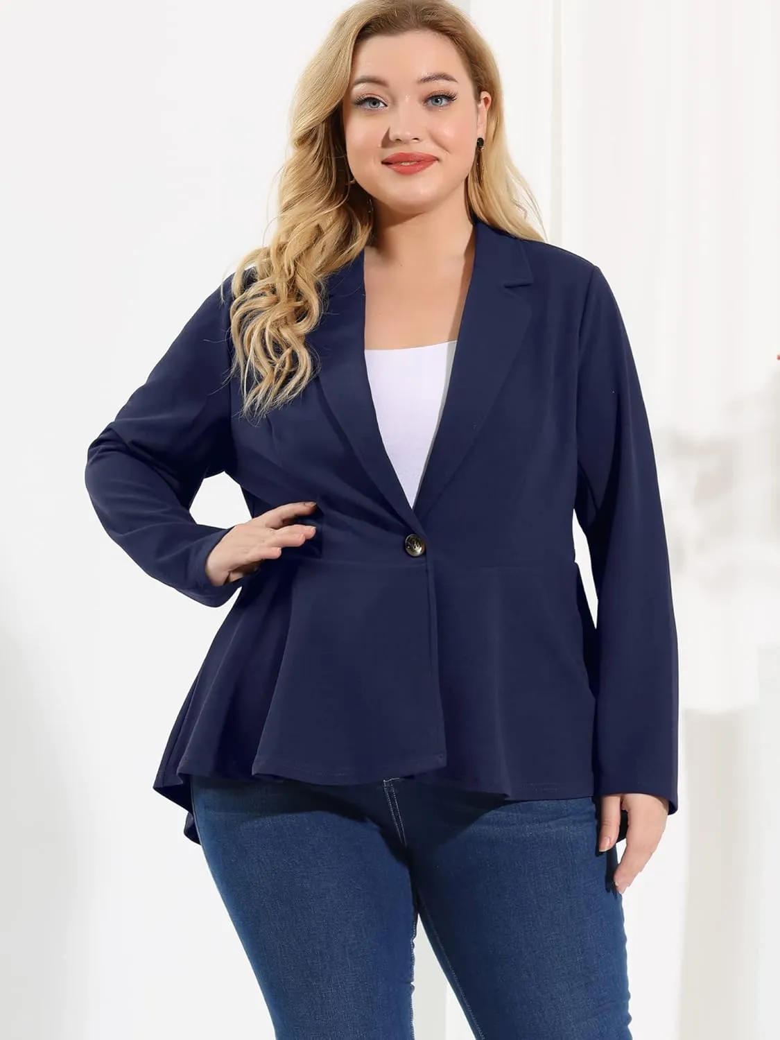 Agnes Orinda Women's Plus Size Blazer Notch Panel V Neck Ruffle Button Work Office Suit Jackets Peplum Blazers