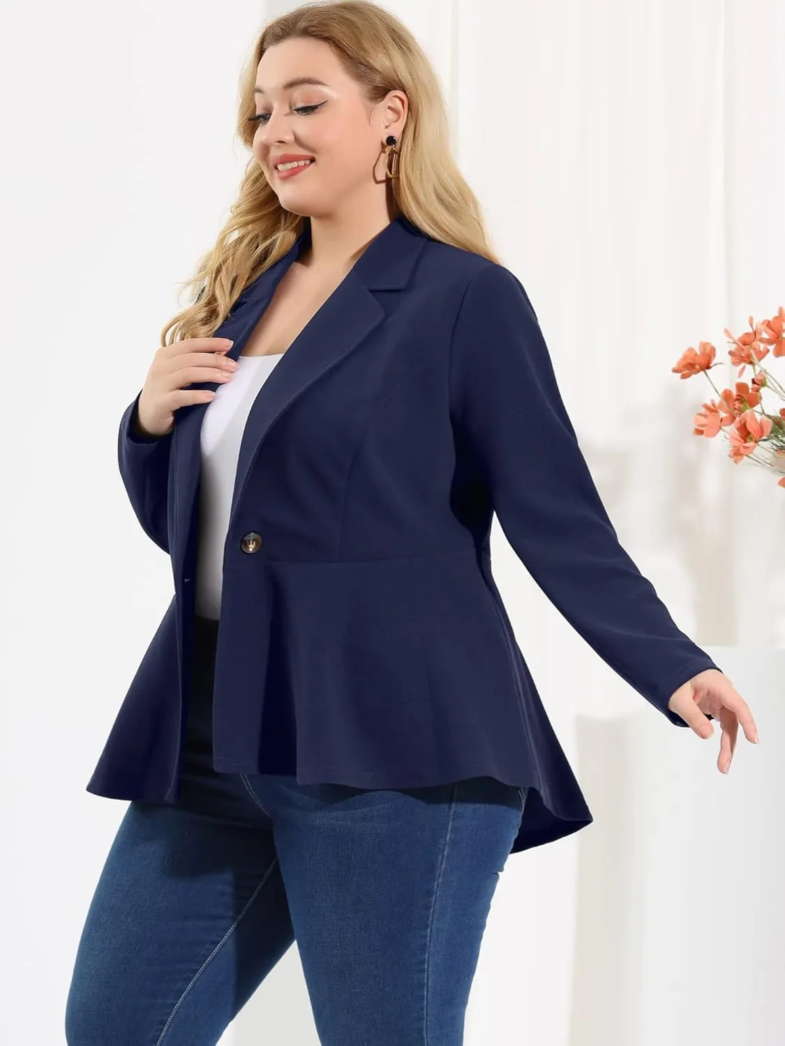 Agnes Orinda Women's Plus Size Blazer Notch Panel V Neck Ruffle Button Work Office Suit Jackets Peplum Blazers