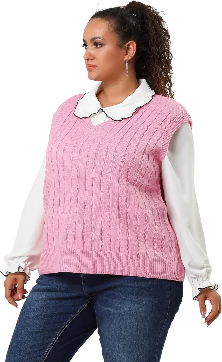 Agnes Orinda Women's Plus Size Sweater Vest V Neck Cable Knit Sweater Sleeveless Pullover Sweater Vests