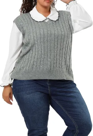 Agnes Orinda Women's Plus Size Sweater Vest V Neck Cable Knit Sweater Sleeveless Pullover Sweater Vests