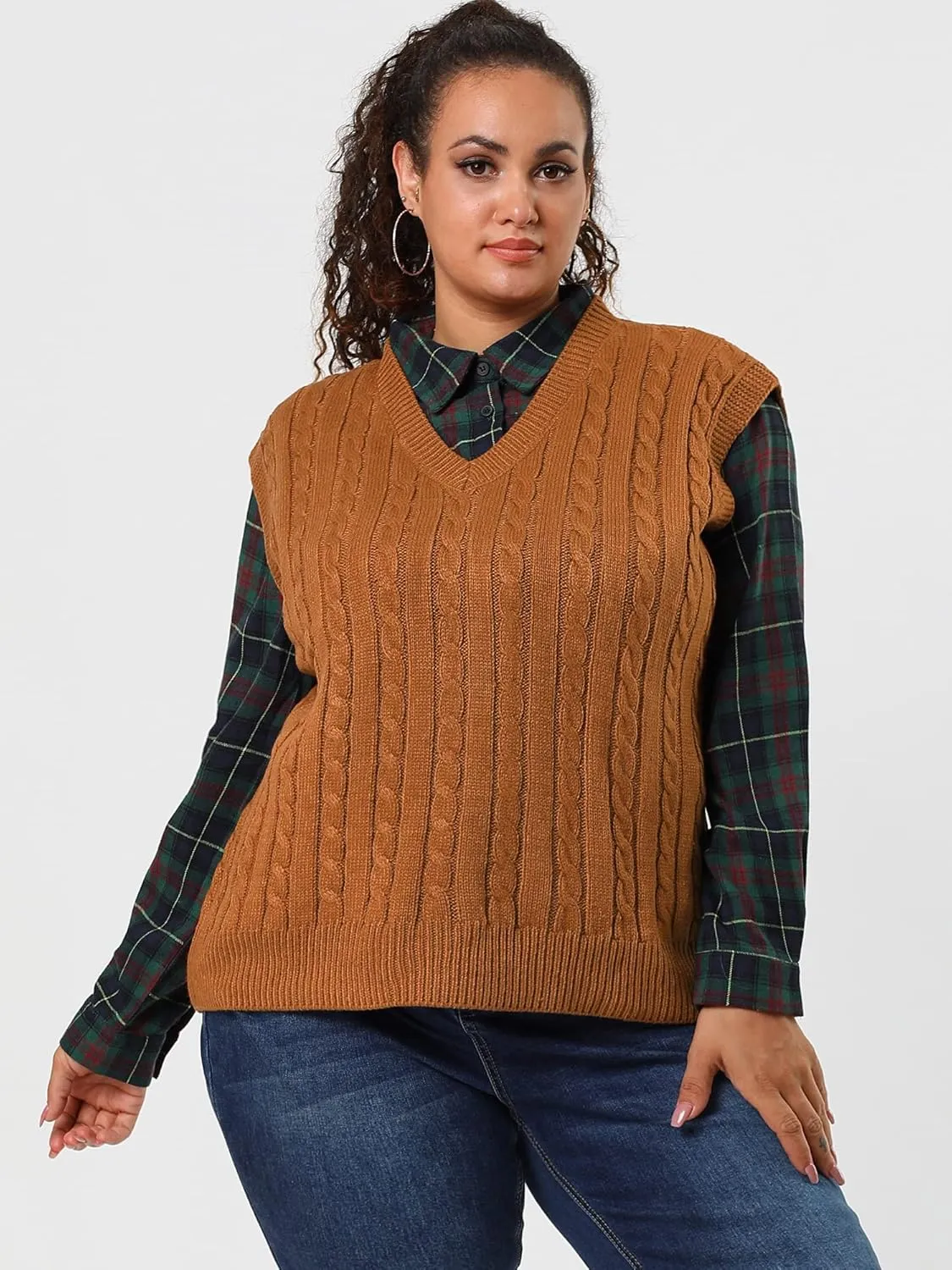 Agnes Orinda Women's Plus Size Sweater Vest V Neck Cable Knit Sweater Sleeveless Pullover Sweater Vests